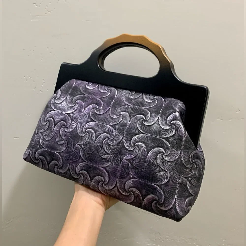Handmade Genuine Embossed Leather Gradient Metallic Wooden Frame Bag/Crossbody